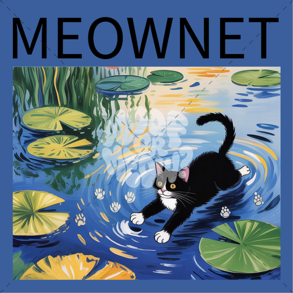 A square illustrated design featuring a black-and-white cat swimming in a pond with lily pads, under the word 'MEOWNET' in large black letters on a blue background.