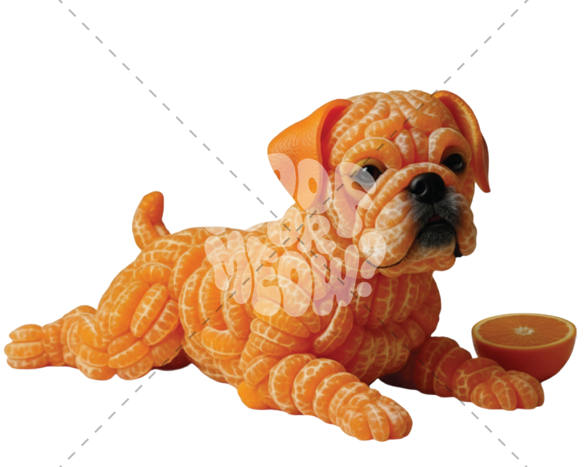 An orange-colored dog figurine sculpted from layered orange peel, lying down next to a small orange half on a white background with a faint watermark.