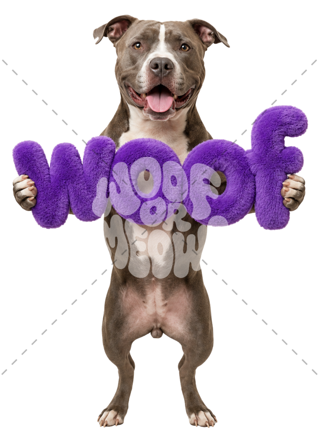 A brown and white pitbull-type dog stands on its hind legs holding a large purple fuzzy 3D letter sign that reads 'WOOF'.