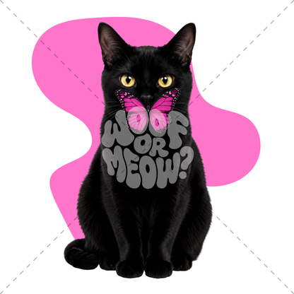 A black cat centered on a white background with a bright pink abstract shape behind it. The cat has yellow eyes, a pink-and-black butterfly over its face, and large gray bubble letters across the chest reading 'WOOF MEOW?'.