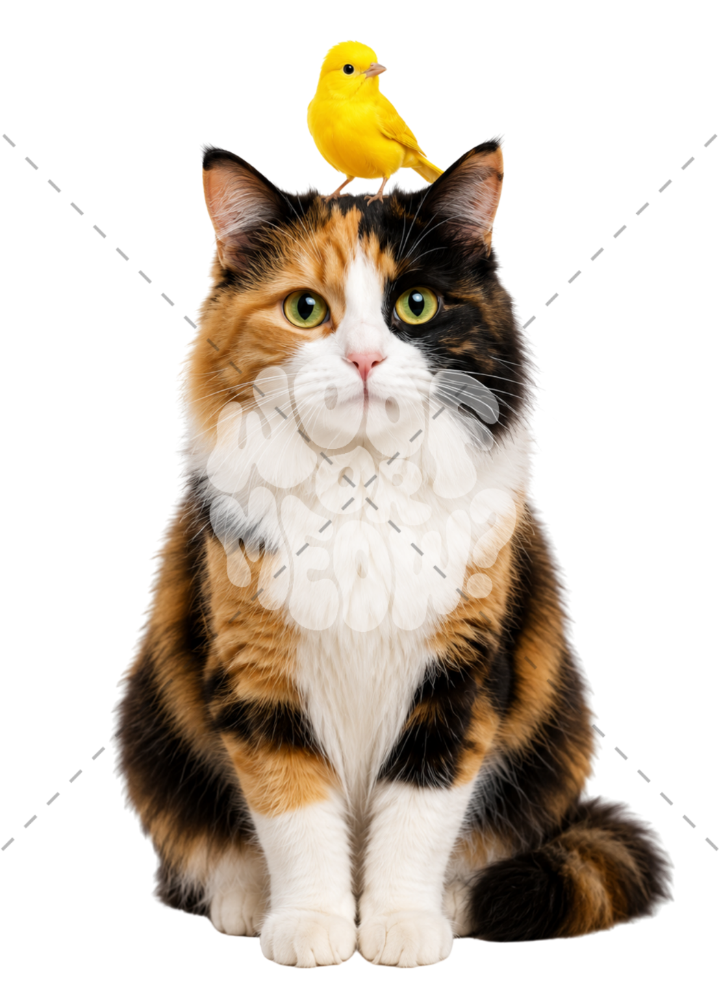 A fluffy calico cat sits centered on a white background with a small yellow bird perched on its head. The photo has a faint stock-photo watermark across the center.