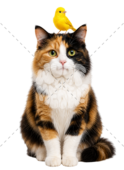 A fluffy calico cat sits centered on a white background with a small yellow bird perched on its head. The photo has a faint stock-photo watermark across the center.