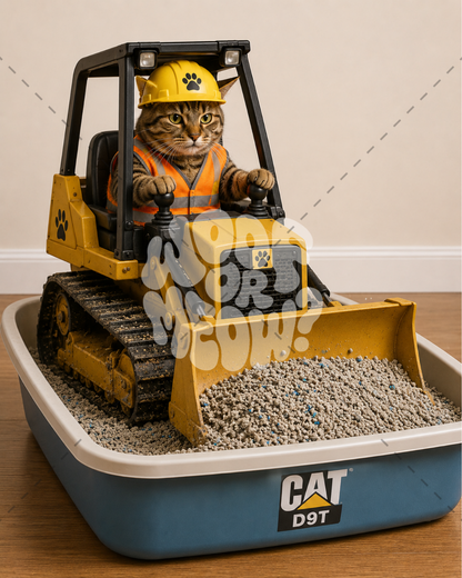 A cat dressed as a construction worker sits inside a toy bulldozer on top of a blue CAT D9T litter box filled with cat litter, photographed indoors against a plain wall.