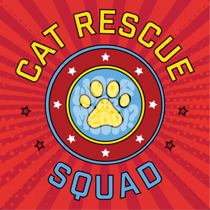 A colorful graphic design featuring the words 'CAT RESCUE SQUAD' in bold yellow and blue lettering, surrounding a central circular emblem with a yellow cat paw print on a light blue background. The design is set against a red sunburst pattern with small stars.