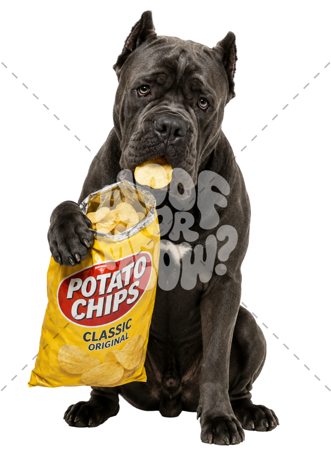 A black Cane Corso dog sitting and holding a yellow bag of Potato Chips Classic Original, with a potato chip in its mouth, on a white background with a watermark.