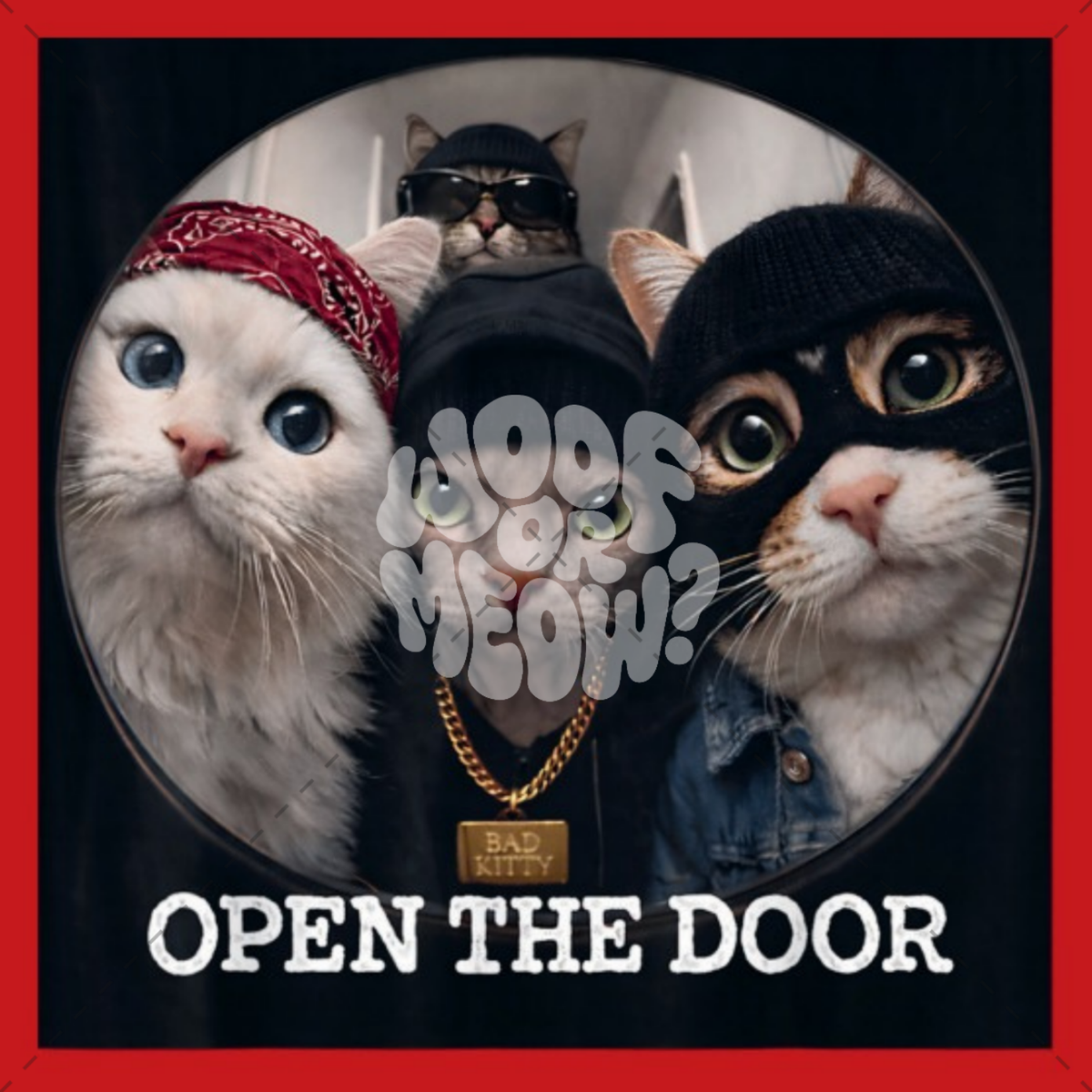 Album cover art for 'Open The Door' by Bad Kitty, featuring three cats dressed in streetwear (a white cat in a red bandana, a black cat in sunglasses and hoodie, and a black-and-white cat in a black mask and denim) inside a circular frame, with the title 'OPEN THE DOOR' in white text on a black background with a red border.