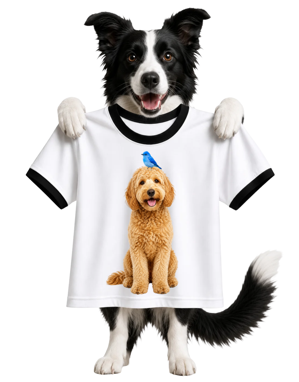 BLUE BIRD ON GOLDENDOODLE-RINGER T-SHIRT