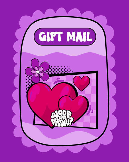 A purple and pink graphic design for a 'Gift Mail' envelope, featuring cartoon hearts, a flower, and the text 'GIFT MAIL' and 'WOOF WOOF MEOW?' on a solid purple background.