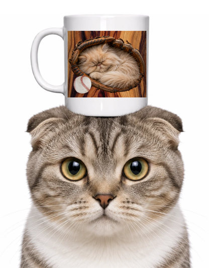 KITTY SLEEPING IN BASEBALL MITT COFFEE MUG