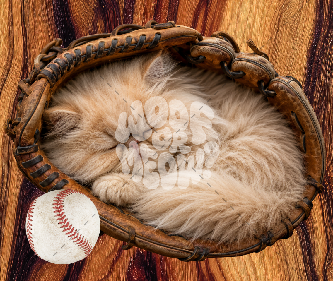 KITTY SLEEPING IN BASEBALL MITT COFFEE MUG