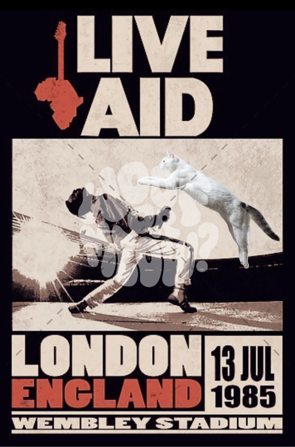 A vintage-style poster for the 'LIVE AID' concert tour in London, England, dated 13 Jul 1985 at Wembley Stadium. The poster features a black background with cream-colored text, a red silhouette of Africa shaped like a guitar, and a central sepia-toned photo of a man playing guitar while a white cat jumps over him.