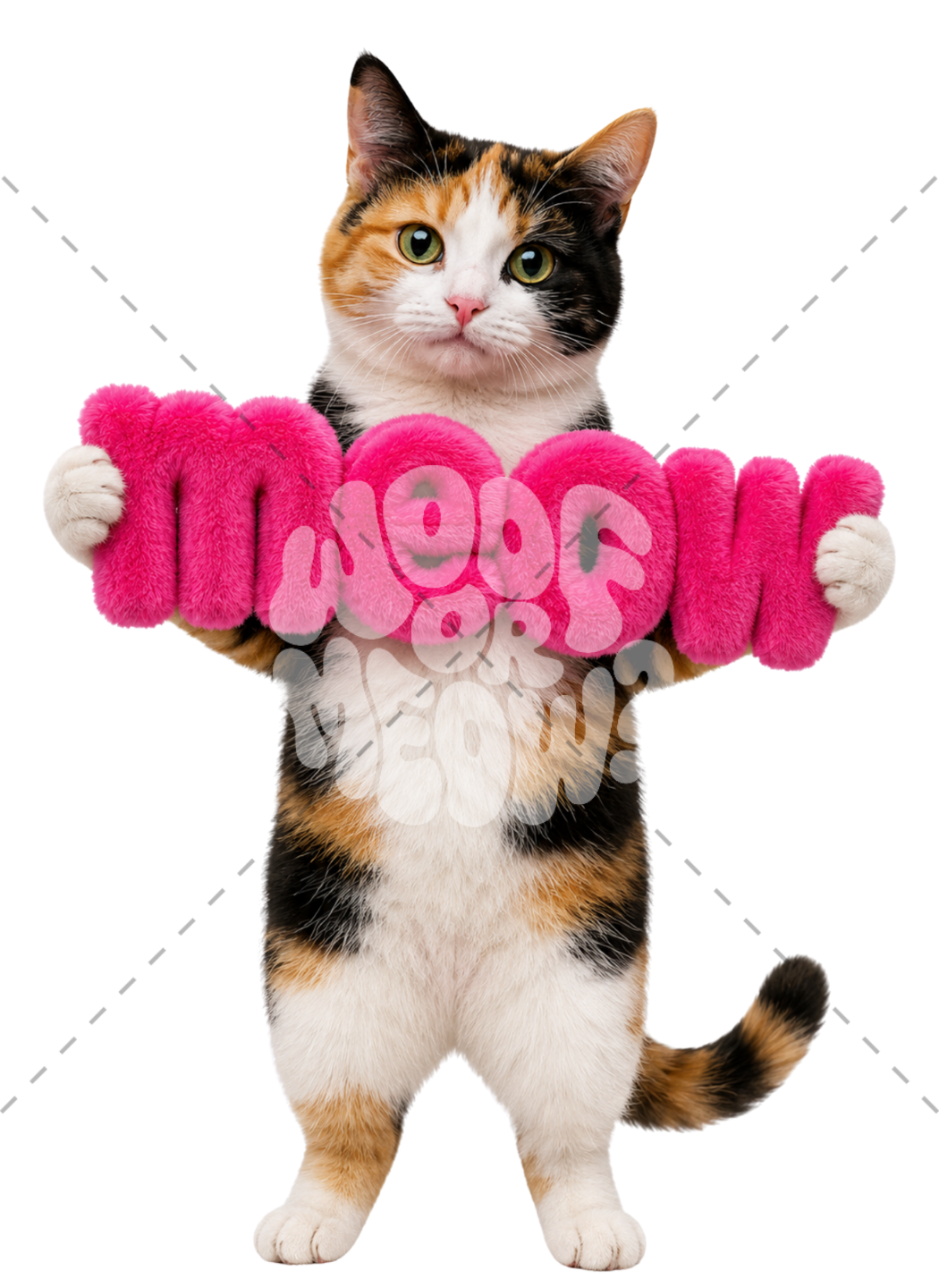 A calico cat stands on its hind legs holding a bright pink fuzzy sign that reads 'MOOF' against a plain white background.