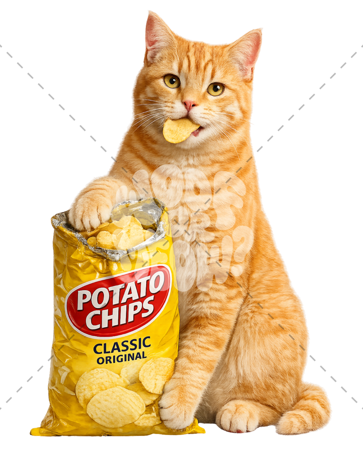 An orange tabby cat sits beside a bag of Potato Chips Classic Original, with one chip held in its mouth and its front paw resting on the bag, isolated on a white background.