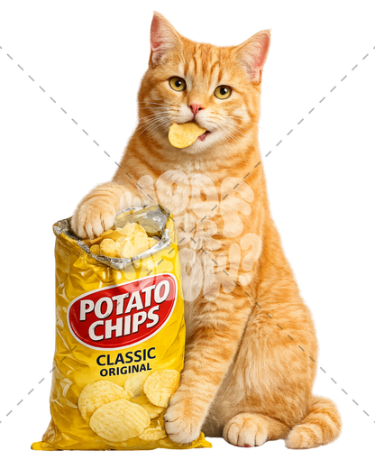 An orange tabby cat sits beside a bag of Potato Chips Classic Original, with one chip held in its mouth and its front paw resting on the bag, isolated on a white background.