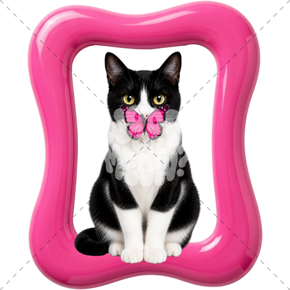 A black and white cat sits centered inside a bright pink wavy frame, with a pink butterfly resting on its nose. The background is white with faint diagonal watermark lines.