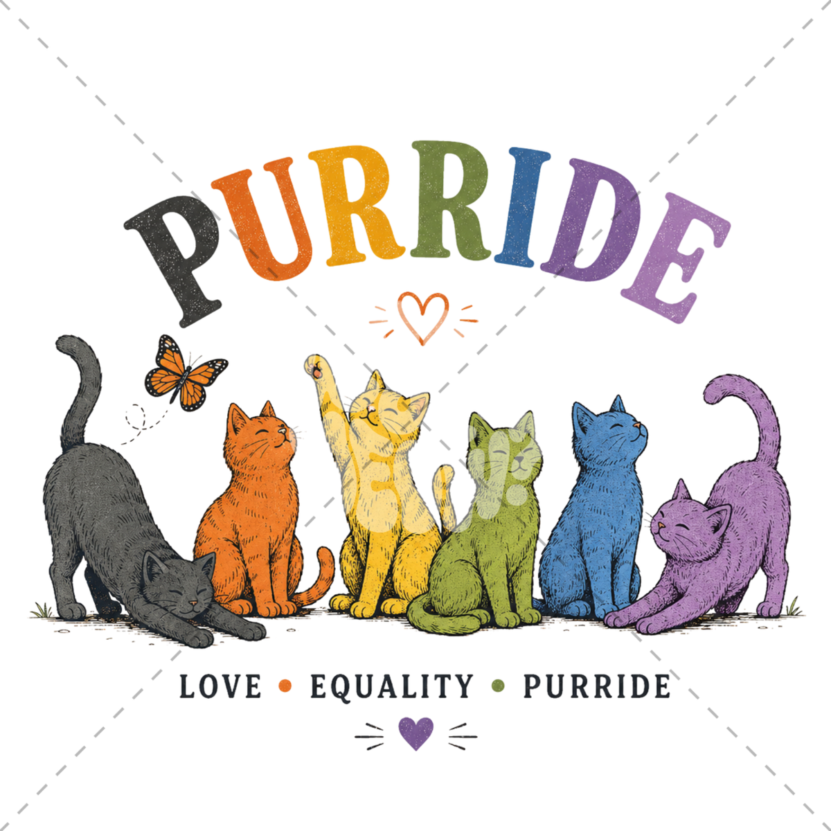 A square graphic design featuring the word 'PURRIDE' in large, colorful letters above a row of six hand-drawn cats in different colors, with a butterfly and small hearts. The text 'LOVE • EQUALITY • PURRIDE' appears below.