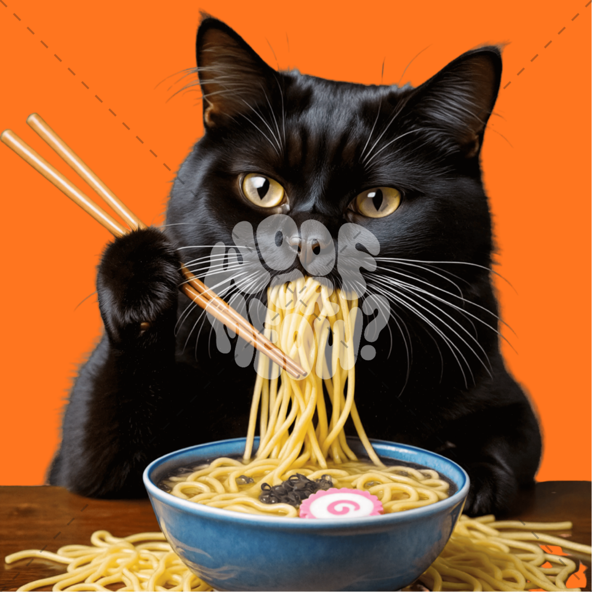 A black cat with yellow eyes uses wooden chopsticks to eat ramen noodles from a blue bowl against a solid orange background.