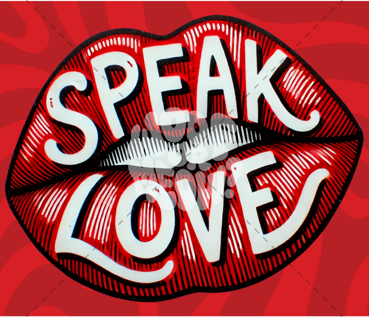 A graphic design featuring stylized red lips with black outlines and white text reading 'SPEAK LOVE' over a red patterned background. A faint stock-style watermark is visible across the center.