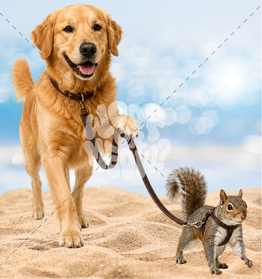 A golden retriever dog wearing a brown collar and leash is walking on sand next to a small gray squirrel wearing a harness and leash, with a blue bokeh sky background.