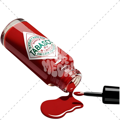 A red Tabasco sauce bottle lies on its side with sauce dripping onto a white background, and a black-handled squeeze bottle with a brush applicator is positioned near the spilled sauce. A large semi-transparent 'MEET ME' watermark overlays the center.