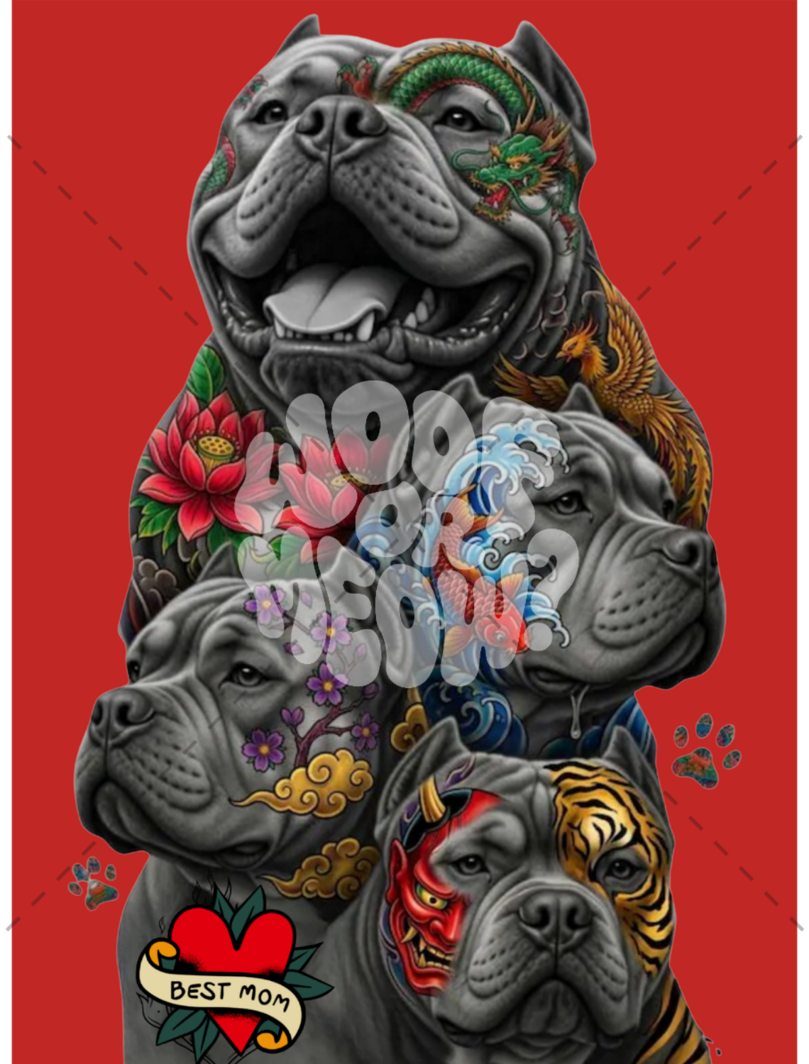 A tattoo-style art print featuring four bulldog portraits with colorful traditional Japanese-inspired tattoo details, set against a solid red background. A red heart with the text 'BEST MOM' is in the lower left corner.