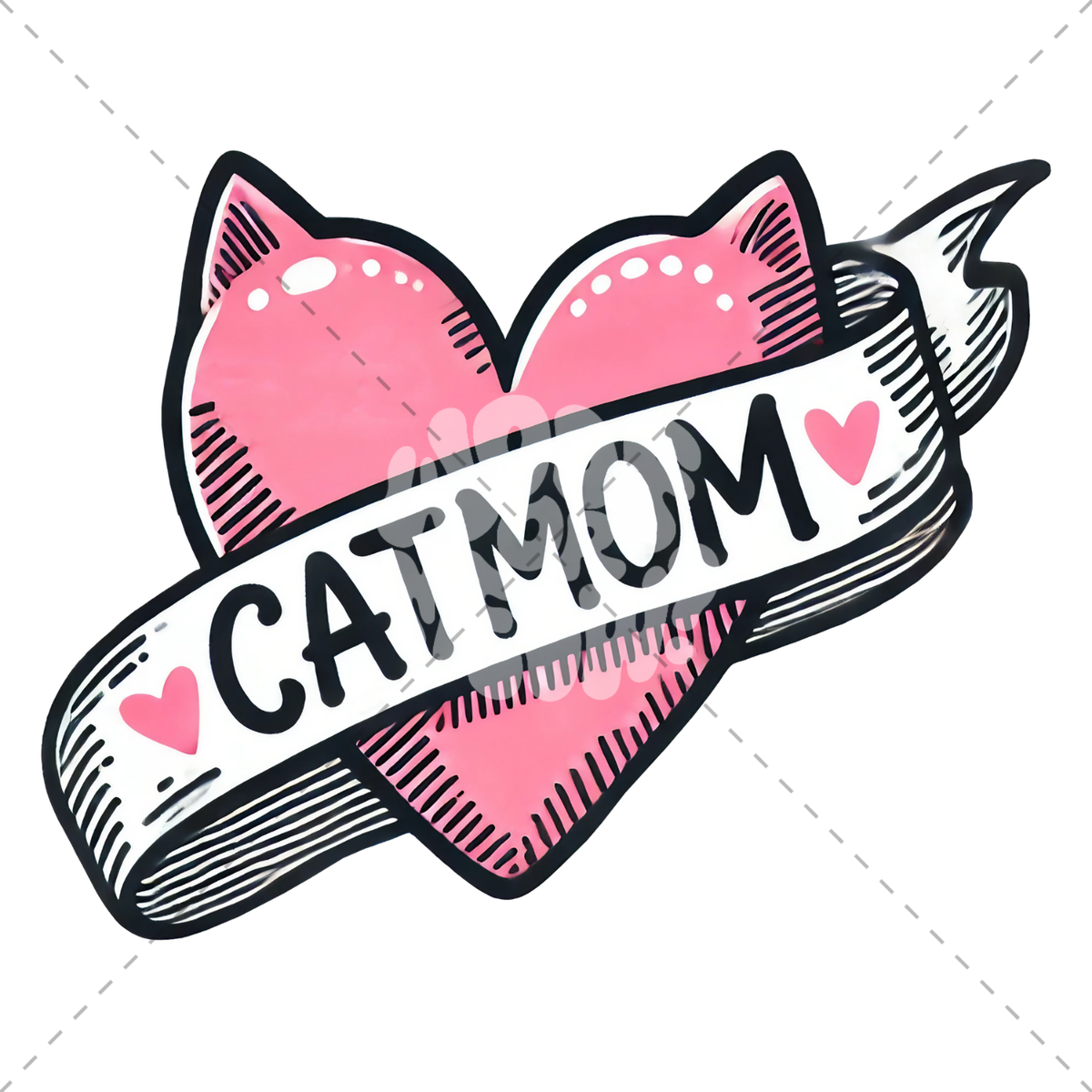 A tattoo-style graphic featuring two pink hearts behind a white banner with the words “CATMOM” in black letters, on a white background with a faint diagonal watermark.