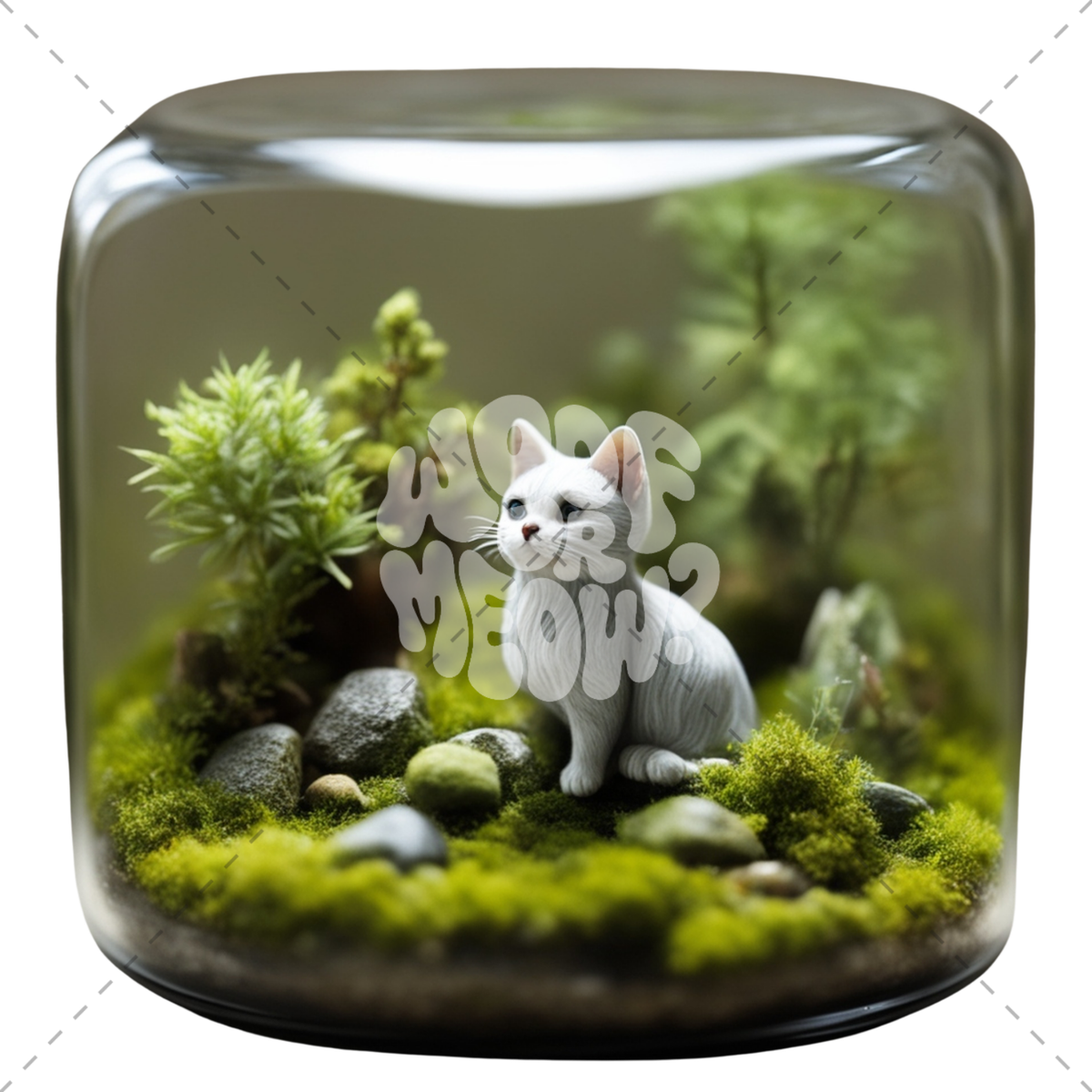 A small white cat figurine posed inside a clear glass terrarium with green moss, faux plants, and gray stones on a white background.