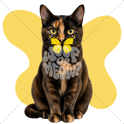 A tortoiseshell cat sits centered against a white background with a large yellow abstract shape behind it. A yellow butterfly is placed over the cat's face, and the words 'WOOF MEAN?' appear in gray letters across the center.