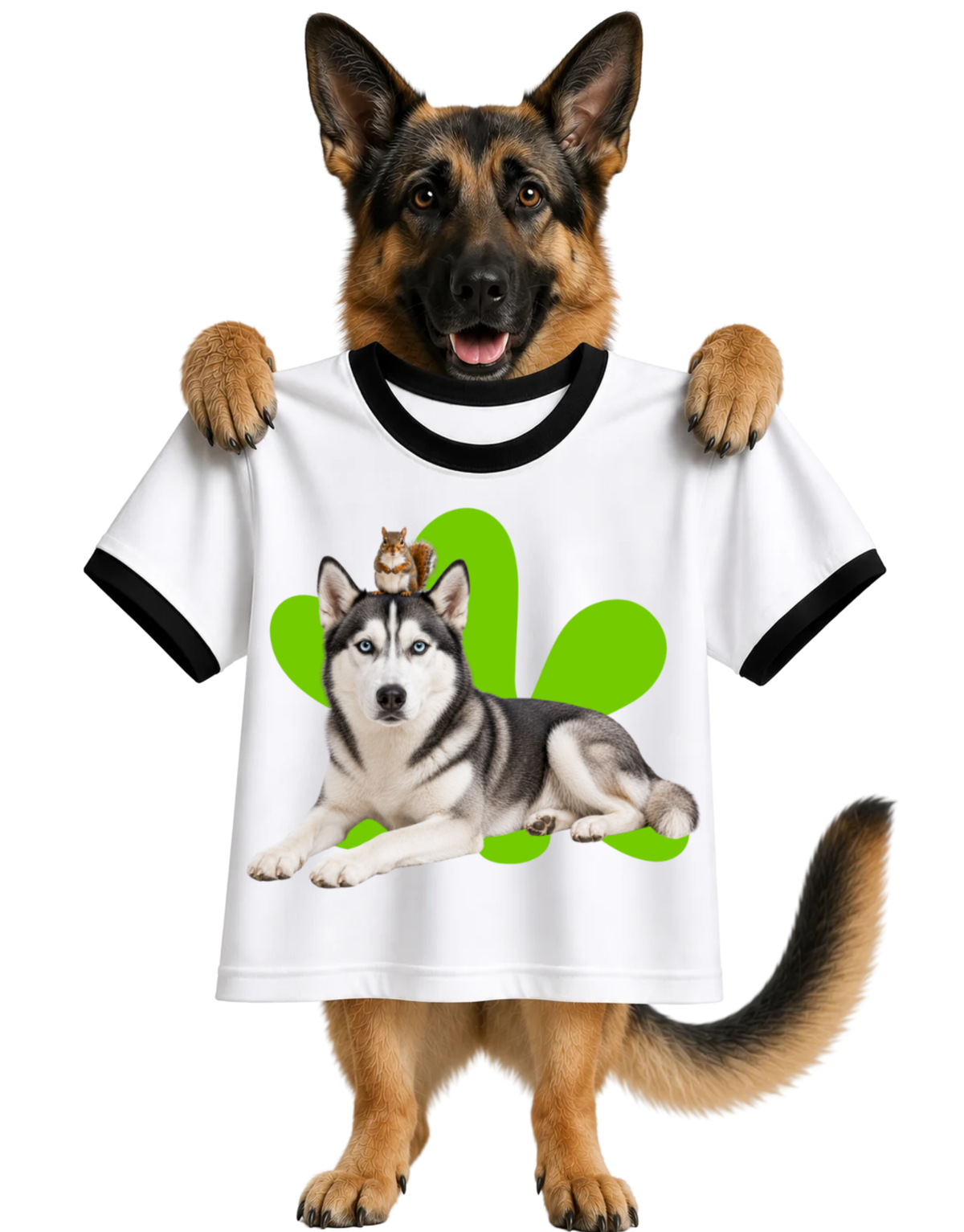 HUSKY WITH A SQUIRREL ON TOP-RINGER T-SHIRT