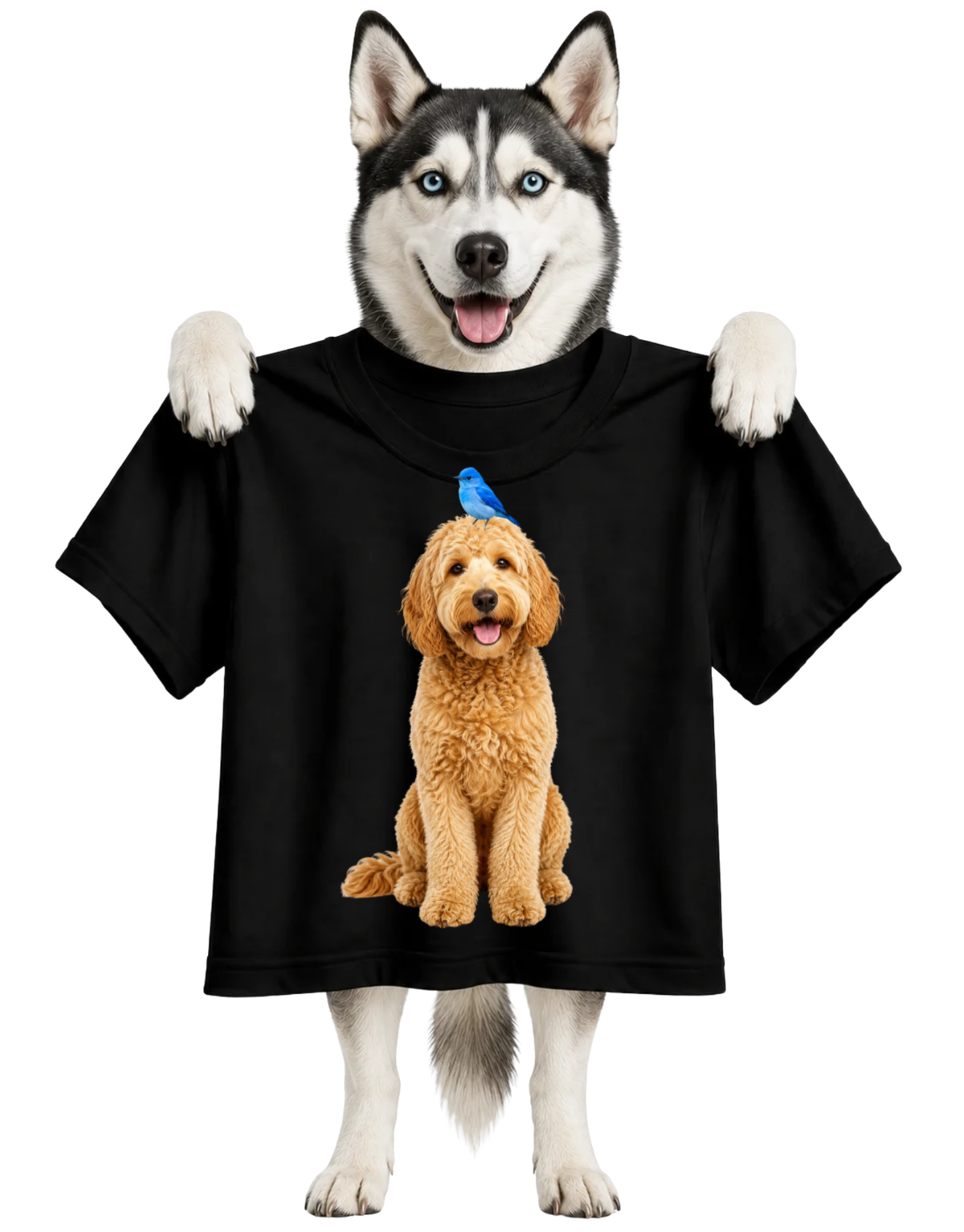 BLUE BIRD ON GOLDENDOODLE-WOMENS T-SHIRT