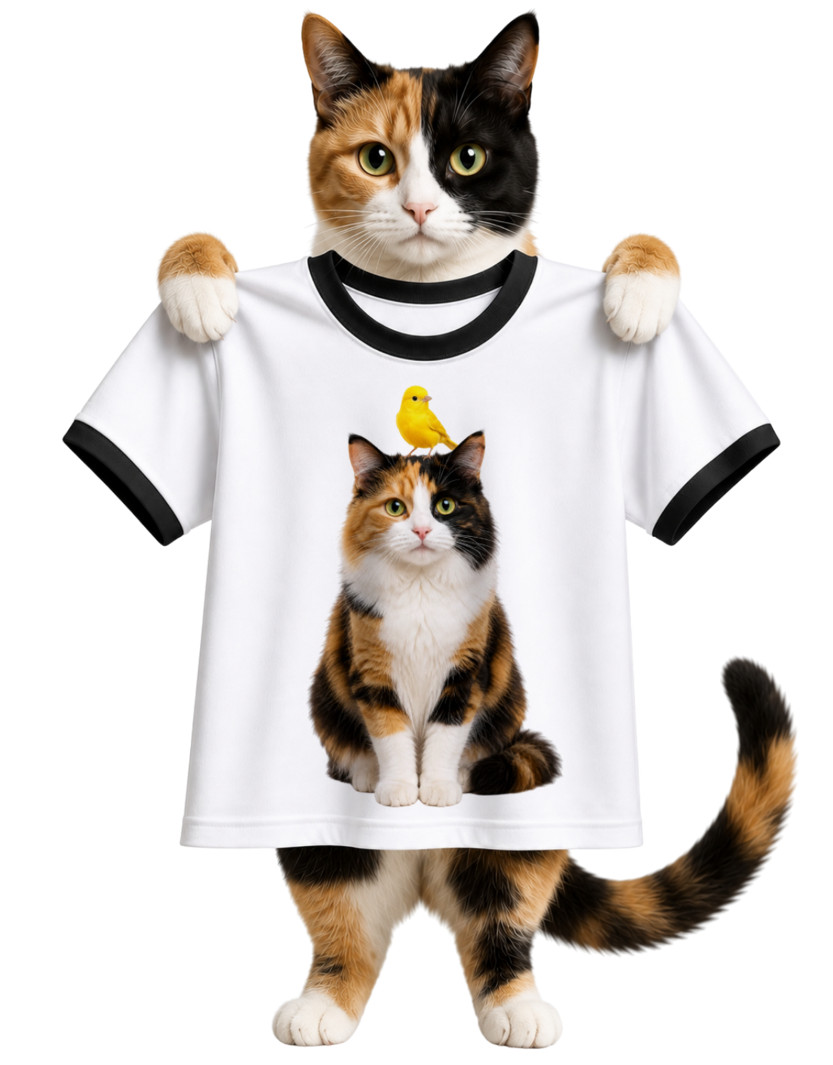 CALICO CAT AND BIRD FRIEND-RINGER T-SHIRT