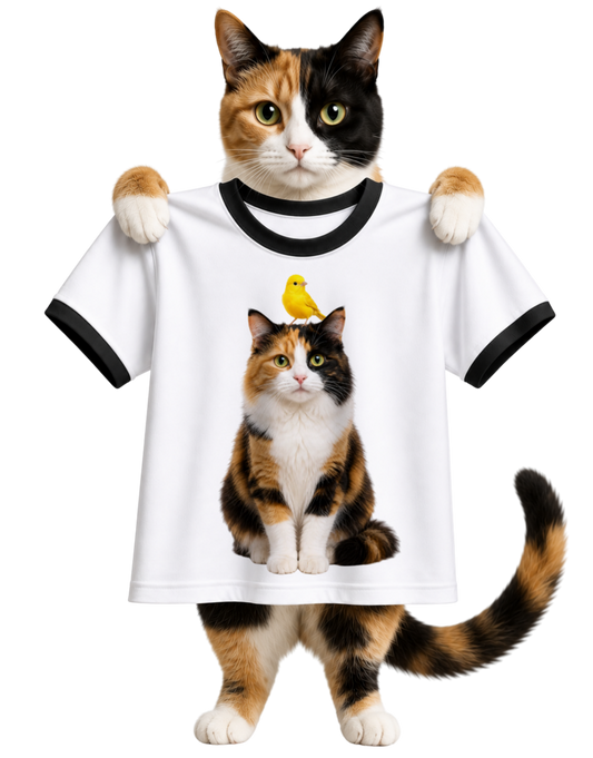 CALICO CAT AND BIRD FRIEND-RINGER T-SHIRT